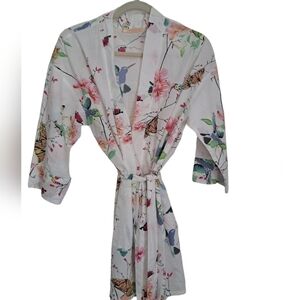 LA CERA 100% COTTON short robe kimono butterflies humming birds nature size M